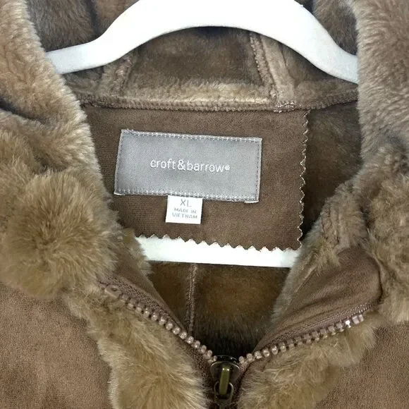 Faux Suede Jacket Womens SZ XL Faux Fur Trim Hood Embroidered Floral Soft Brown - Picture 4 of 11